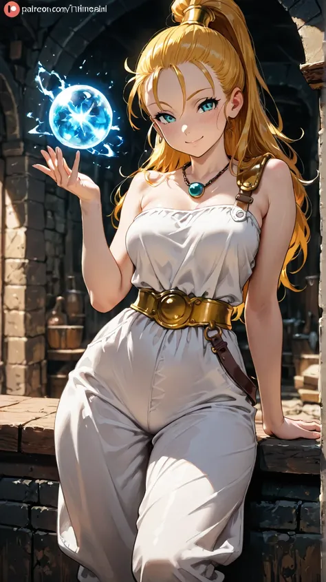 1girl, Marle from Chrono Trigger, thin build, long hair, looking at viewer, standing, ice magic, white jumpsuit, no sleeves or shoulders, teal necklace, seductive smile, medieval city in background, from the knees up, masterpiece, medium breasts, long hips...