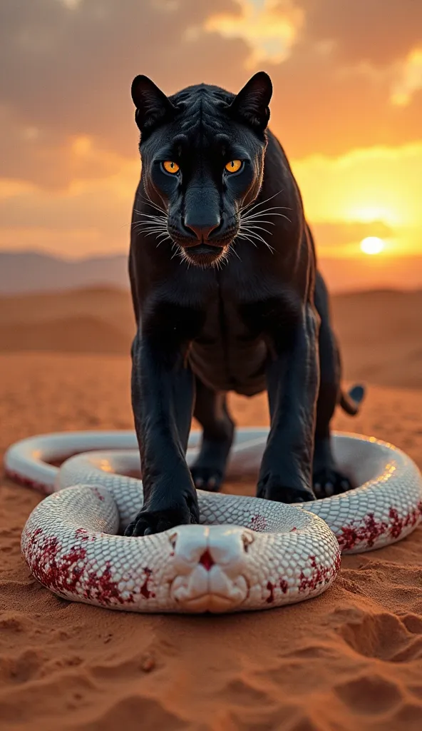 "A dramatic and intense scene set in a scorching desert during sunset, featuring a powerful Black Panther (sleek, muscular, with piercing yellow eyes) standing dominantly on the long, coiled body of a massive white cobra. The cobra lies defeated and injure...