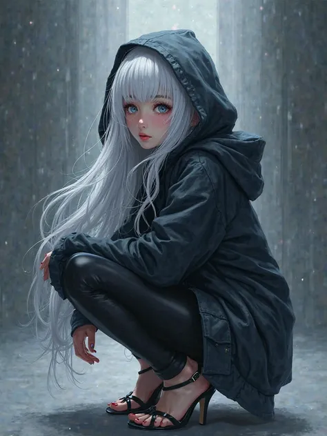 Dark white-haired anime girl wearing a hooded jacket,leggings and open heels with mini heel while squatting 