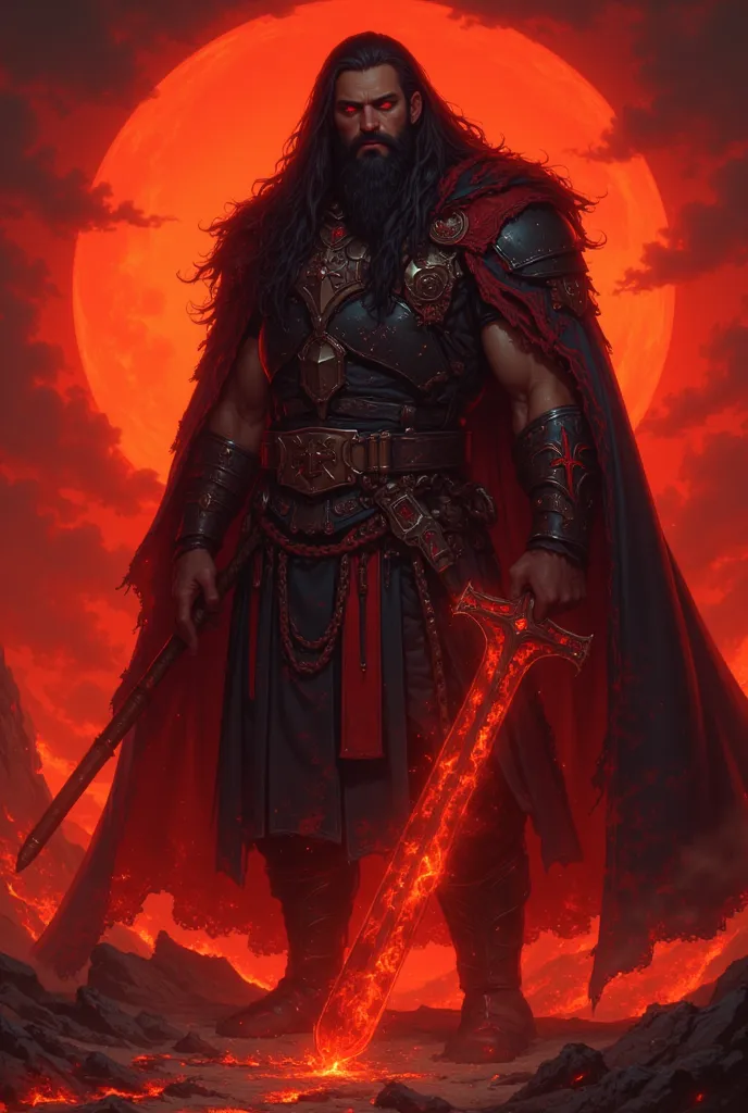 man with dark skin, long black hair, black beard, red eyes, wearing black armor, with a black cloak torn with a red inside, holding a large flaming sword, in hell, RPG, dark fantasy