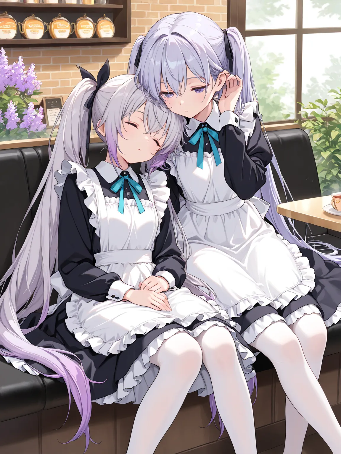 (masterpiece ,best quality, exquisite, ultra-detailed character), 2girls, lilac hair, very long hair, ponytail, hair ribbon, light blue eyes, maid, frills, white pantyhose, closed eyes, sleeping, sleeping upright, sitting, | tucking hair, silver hair, very...