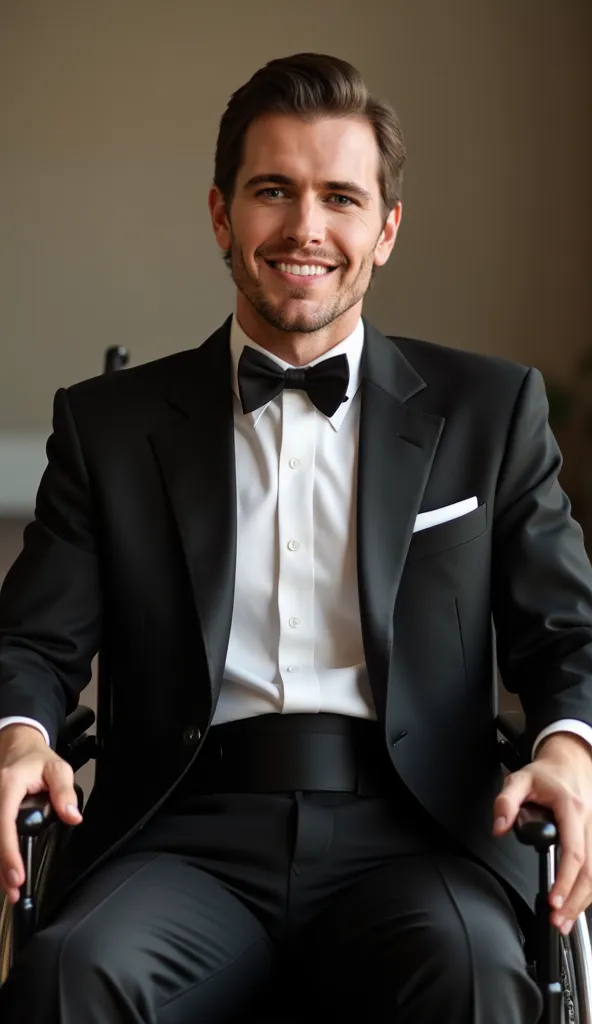 a man with light skin and short brown hair, is seated in a wheelchair, smile, wearing a black tuxedo with a white shirt and tie.