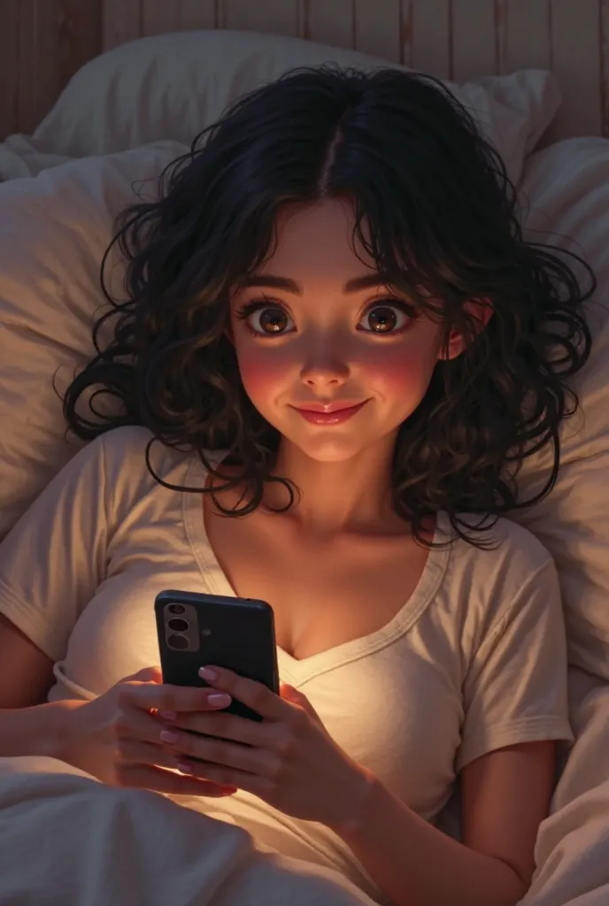 An 18-year old girl with black hair, dark eyes and eyebrows is laying down on her bed and texting to her male friend on a phone. She is smiling and happy. Wearing pijamas