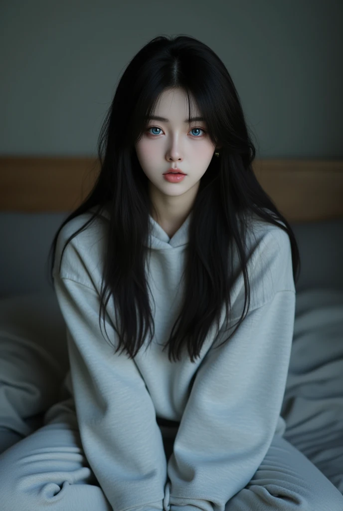 Korean girl with black hair, blue eyes  in bedroom wearing hoodie and sweatpants 