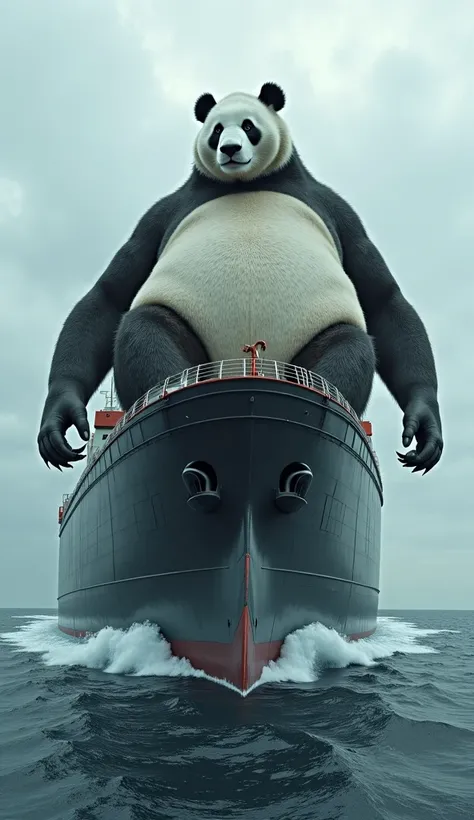 A giant, grotesque panda lying on a very huge ship that runs above the sea,Hi-Res, Hi-Res, Hi-Res, Hi-Res, 