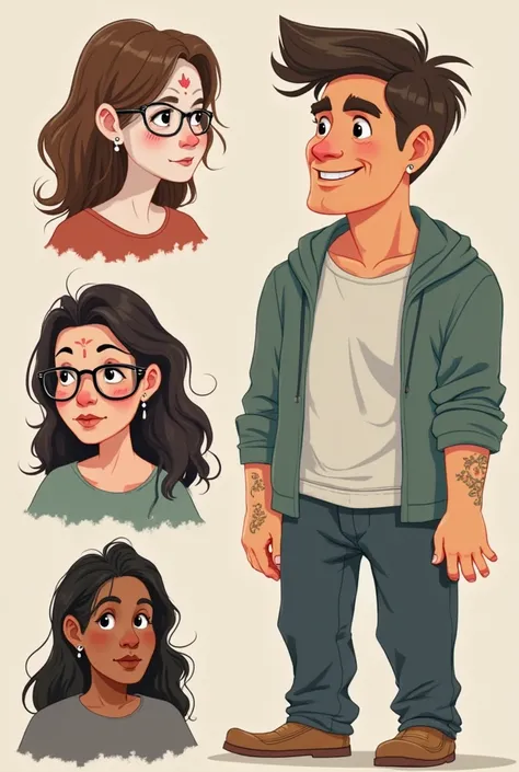 a white-skinned woman, with septum, brown hair around her shoulders and wears glasses, a woman with brown skin,  long dark haired, a man with short hair and piercings on his face, a skinny and tall man, a tall and fat man.  illustration style  