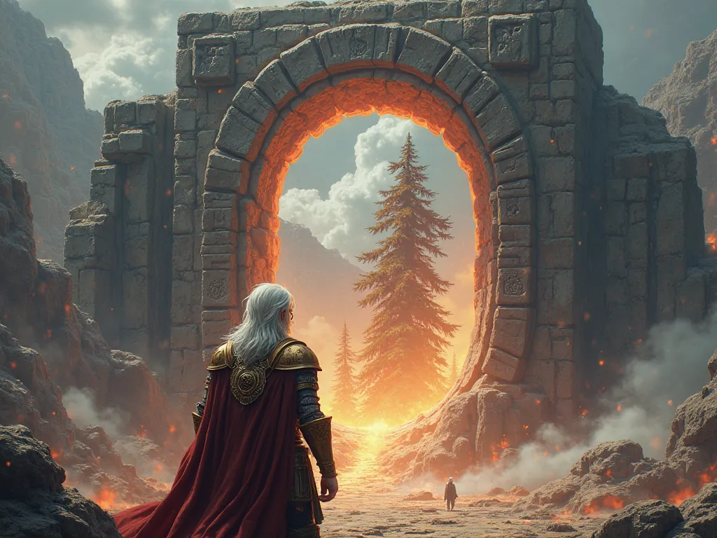 Wounded face king white hair and beard in a battle in the flame-power kingdom, Looking at a giant stone portal for a planet with trees realistic medieval anime style 