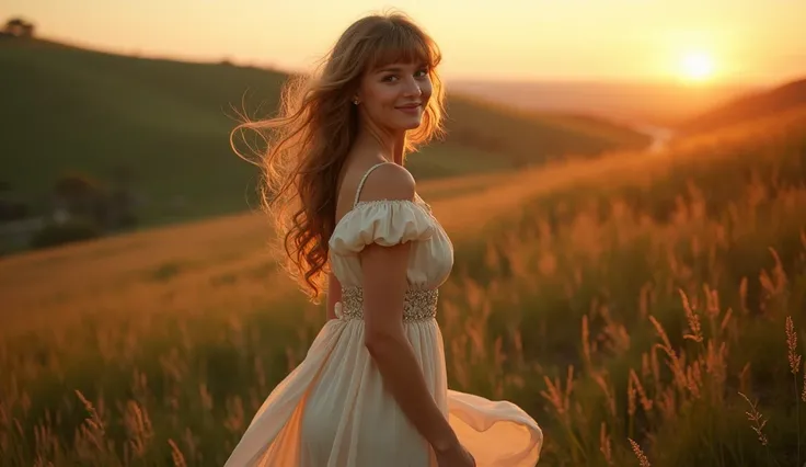 Create a hyperrealistic fine art image of a young woman 20 years old, She is on a HILL, walking through the grass, she is happy. She is smiling, the sun is falling on her face, in the background you can see the sunset, she is wearing a FASHION dress from 1...