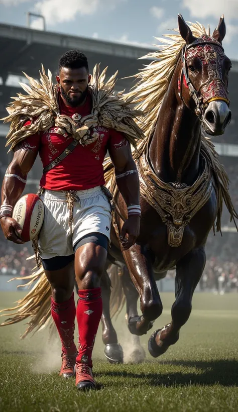 A fierce warhorse warrior with a muscular build, covered in intricately woven coconut leaf armor decorated with tribal carvings highly ultra realistic cinematic image of a powerful Tongan rugby player holding a rugby ball in full rugby uniform walking forw...