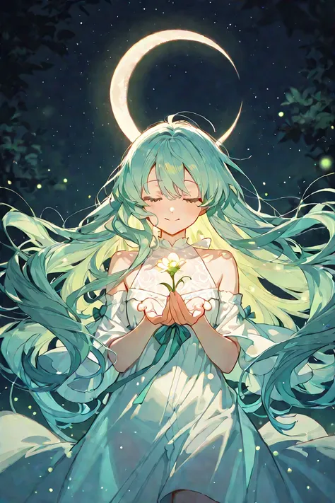 Girl in ethereal anime style. Long hair, smiling while holding flower. Surrounded by fireflies Turn around and look at the crescent moon, super detail, high quality