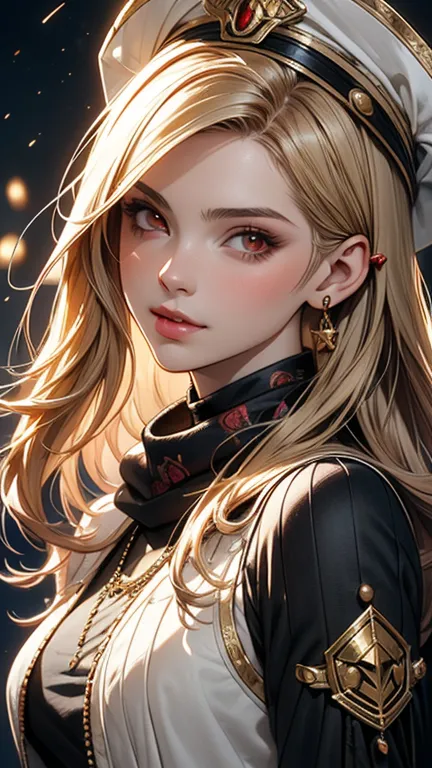 anime girl, long light gold hair, splendid white designer fashion show concept dress, red cosplay headwear, black scarf, body portrait, red eyes, pink ribbons, slight smile, black constellation motif, windy, concept art, mini tornado stickers, black fishne...