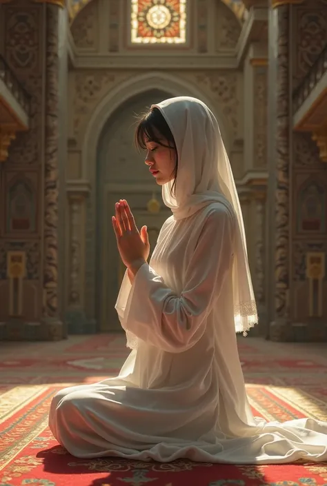 A Korean girl wearing a white prayer veil is seen sitting on a seejadah inside a mosque, raising her hands and praying with a sad face while crying,Realistic original photo