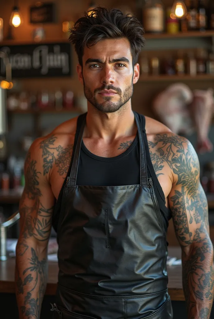 A 31 year old italian-french with light tan skin tone, tattooed arms and chest, muscular and broad shouldered, sharp features, dark brown eyes, full lips, dark brown messy hair and slight wavy, wearing a black leather apron but had a black clothes undernea...