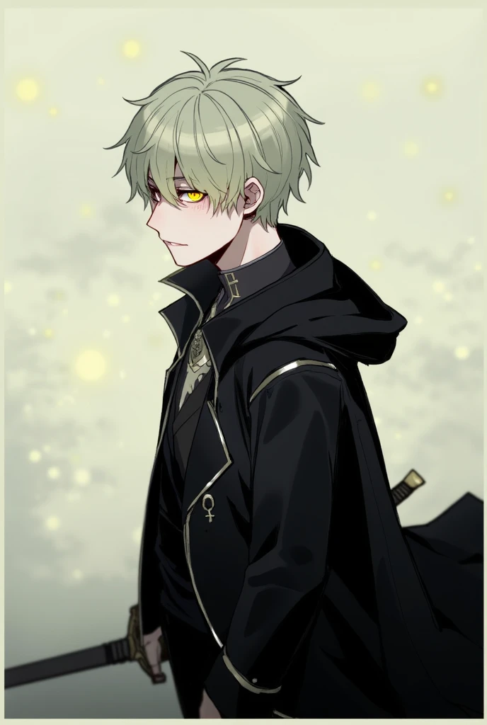 score_9, score_8_up, score_7_up, score_6_up, score_5_up, score_4_up, , 1 man, mid 20s, emotionless, cold golden eyes, dim glow, medium messy blonde hair, long black coat, high collar, silver edges, sword in hand, standing, looking slightly down, facing vie...