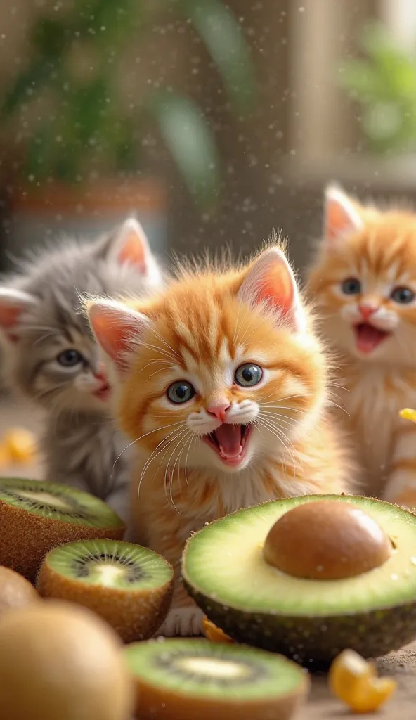 Orange kittens are eating 🥑🍈🥑🥝and gray kittens are eatingHappy