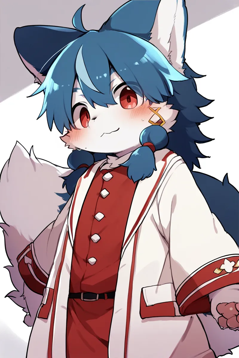 dagasi, score_8_up, score_7_up, score_6, source_furry, source_anime, very detailed, ((furry, (kemono), anthro)), solo, solo focus, furred_cat, long fur, fluffy fur, fluffy tail, white body, red eyes, blue hair, dress, (male:1.5), kawaii, moe, full body, st...