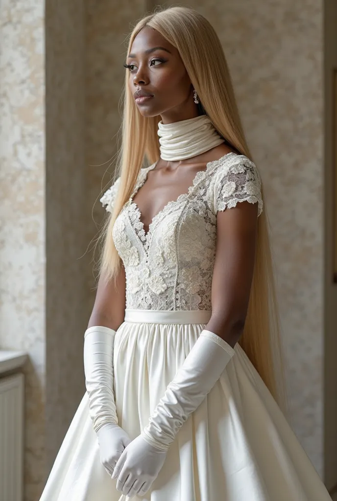 Beautiful black woman with long straight blond hair, has an extremely long neck. She wears a wedding dress ,  completely white, with a tight high collar, corrugated , that wraps around and covers her entire long neck. The fabric of the dress is made of del...