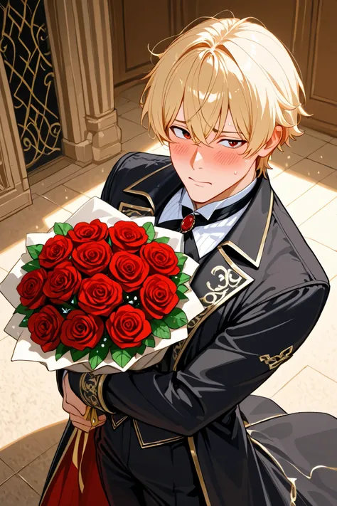 1boy ,three-quarter view,Oblique 45-degree view.,. A comical expression.from above,。cowboy shot,A good-looking aristocratic man, stiff and nervous with a bouquet of flowers.black Coat of nobility. Blonde hair.. A bouquet of red roses,High angle view, dynam...