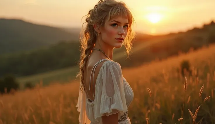 Create a hyperrealistic fine art image of a young woman 20 years old, She is on a HILL, walking through the grass, she is happy. She is smiling, the sun is falling on her face, in the background you can see the sunset, she is wearing a FASHION dress from 1...