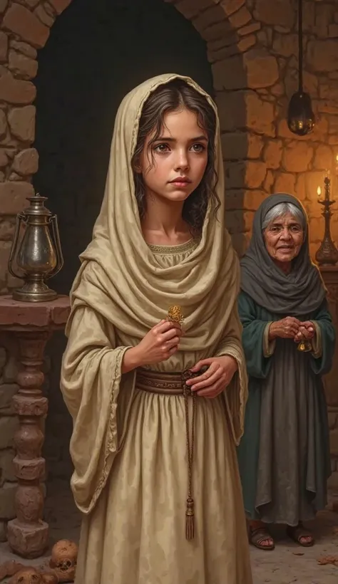 The young girl was dressed simply with a light veil, standing straight with a firm expression. His eyes radiate piety as he speaks, beside him there is an old woman wearing a headscarf looking surprised, while the background remains simple with clay walls ...