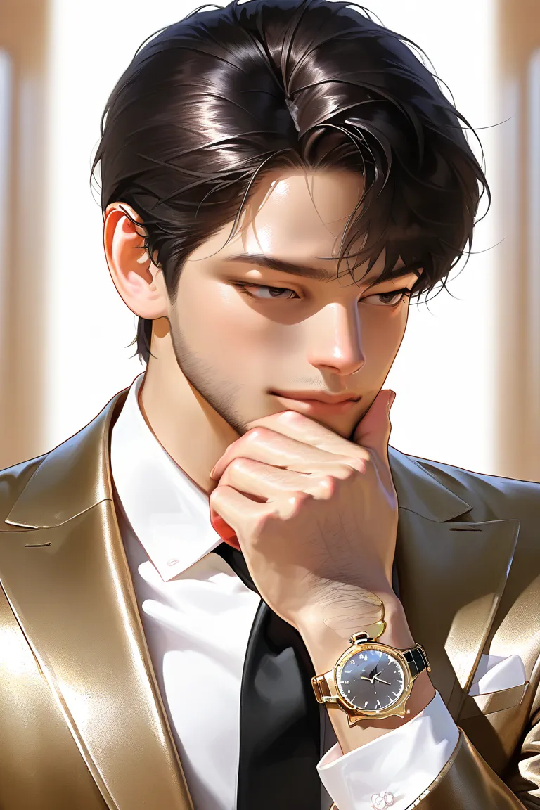 middle-aged male,  ,handsome,brown dandy cut,,  1 man with a gun, Solo,  Neat, short, dark hair ,  male-centered, handsome man, Thick painted ,  Sharp and sober face, Classy appearance ,  Korean Comic Style  ,  semi-realistic art  ,  semi-realistic art  st...