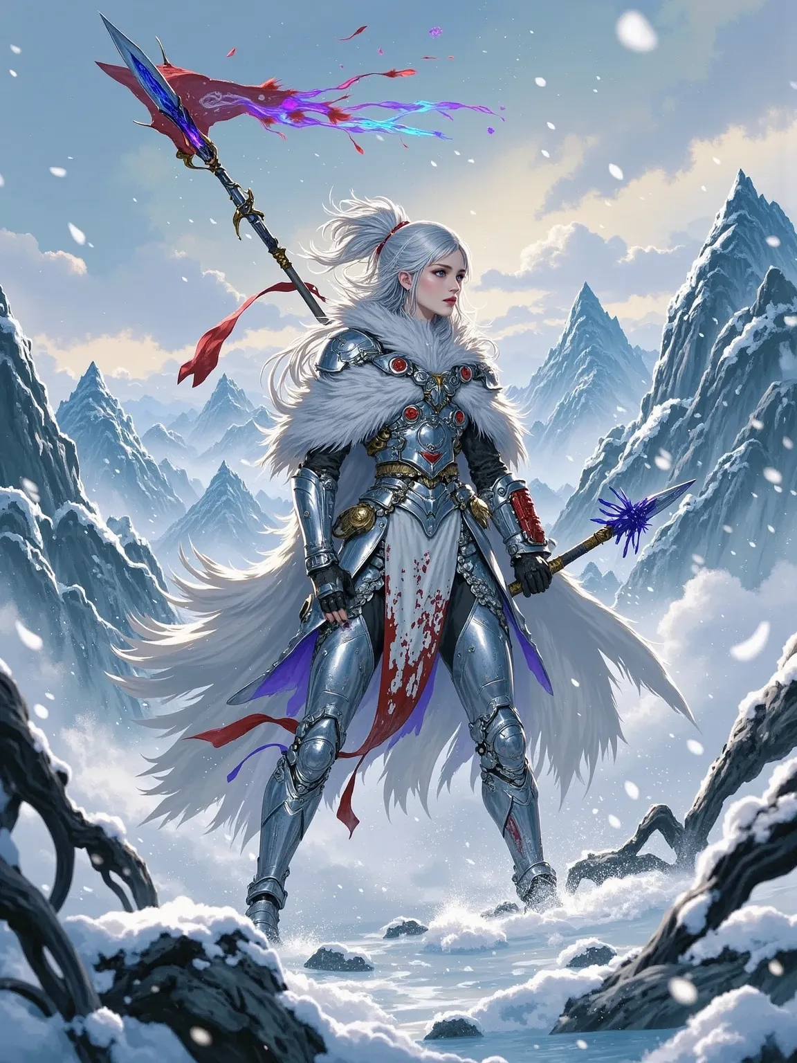 A silver-haired female warrior stands atop a snow-covered mountain peak in a blizzard. A tattered fur cloak wraps around her mechanical alloy armor, and her prosthetic left arm tightly grips an ice-crystal spear, its tip dripping with blue alien blood. Beh...