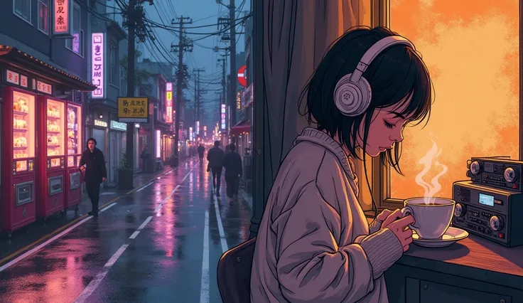 Split composition image for lo-fi music thumbnail: Left side shows a rainy Tokyo street at dusk with soft neon reflections on wet pavement, vintage vending machines glowing, muted colors but keeping purple and orange tones. Right side shows a person in coz...