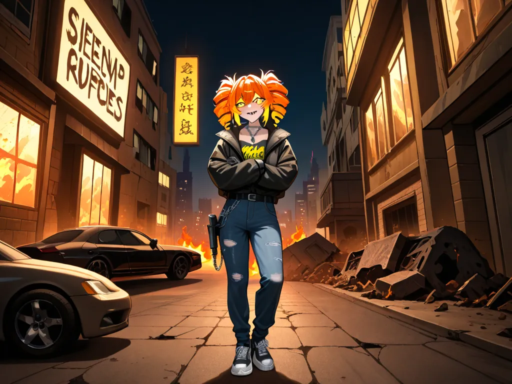 A stylized 2D animated cartoon featuring three rappers with a rebellious, streetwise aesthetic in a dystopian, post-apocalyptic project neighborhood. The characters have exaggerated features with large, glowing yellow eyes, wide toothy grins with diamond-s...