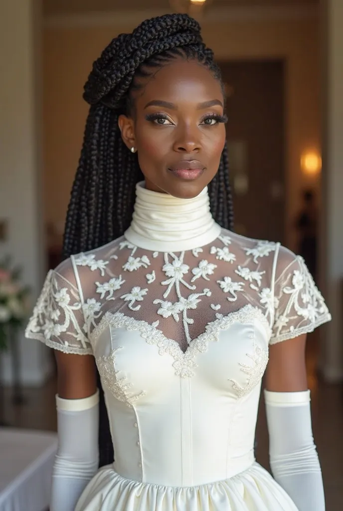 Beautiful black woman with braids and with an extremely long neck. She wears a wedding dress ,  completely white, with a tight high collar, corrugated , that wraps around and covers her entire long neck. The fabric of the dress is made of delicate lace and...