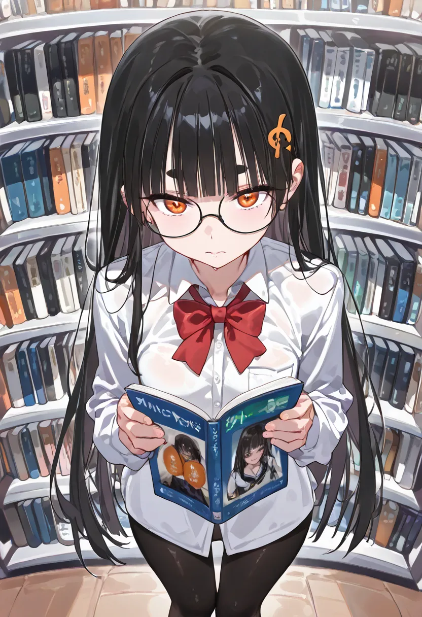 (((＿Browse＿Side face＿Lonely＿I can see my whole body)))　((1 person＿reading＿ Libraries ＿Lots of bookshelves))　　((Hyper Petite Slender Woman＿flat chest))　((Hyper Gloss Black Hair＿long hair＿Extremely moisturized shiny hair＿blunt bangs))　Hyper Thick Black Eye G...