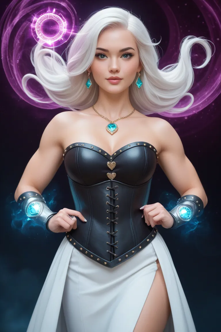  In a fantastical arena, a mystical duel unfolds between two powerful mages. On the left, a radiant Caucasian female mage, with a toned physique, wears a gleaming, gemstone-encrusted leather corset, adorned with intricate, swirling patterns, and matching g...