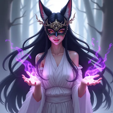  A woman with black hair and fox ears, With Kitsune mask with purple and pink fire coming out of the hands, Wearing white clothes with an evil smile 