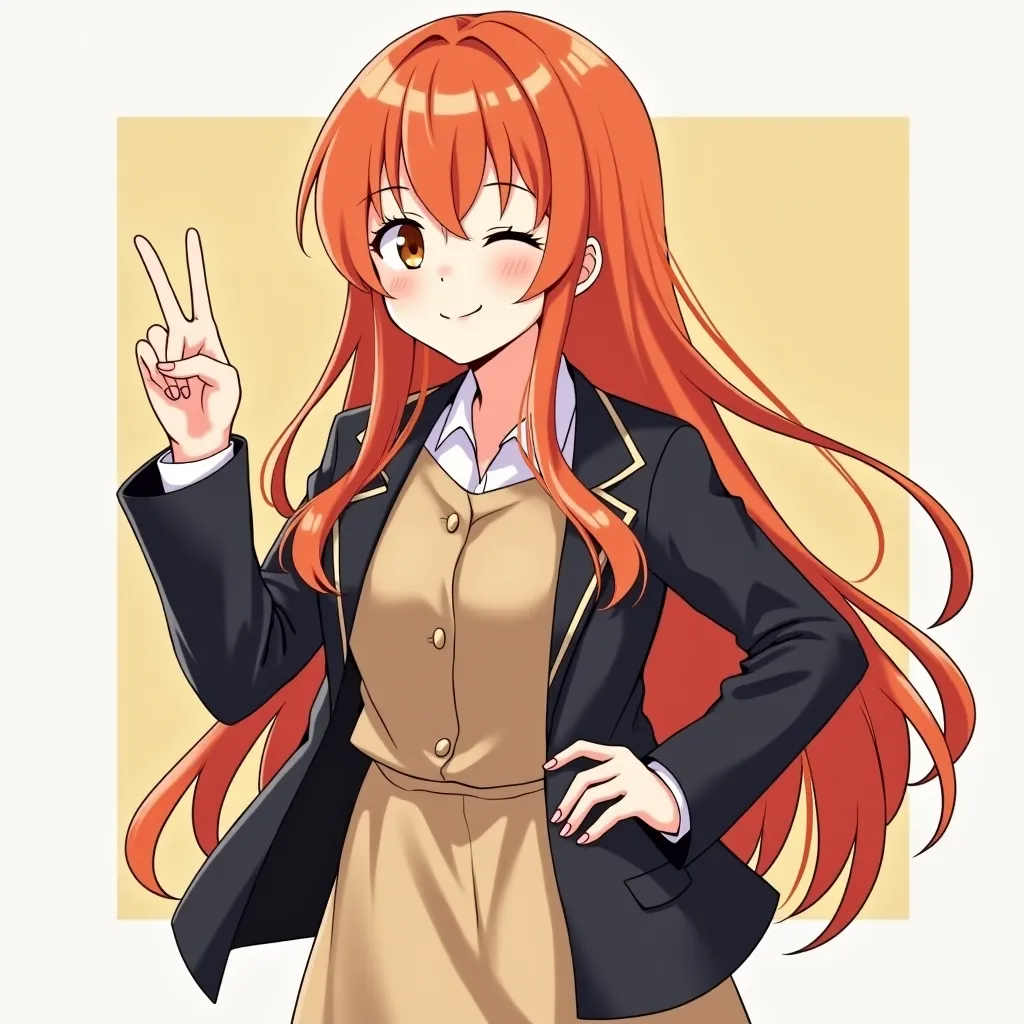 a close up of a person in a dress and jacket, an anime drawing inspired by Hisui Sugiura, trending on pixiv, shin hanga, marin kitagawa fanart, anime best woman, she has long redorange hair, anime visual of a cute grown woman, she has a smirk, her right ha...