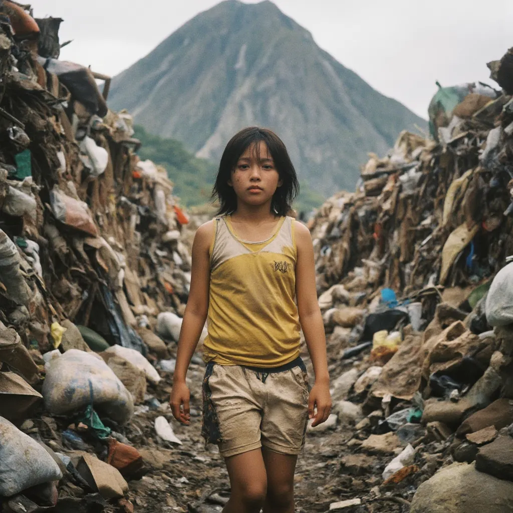 Philippines, Smoky Mountain ,HUGE DUMP,Garbage bag,taken from the side,brown skin, middle school girl,DIRTY YELLOW AND WHITE TANK TOP,dirty jersey shorts, rough skin,Dirty Skin,smile