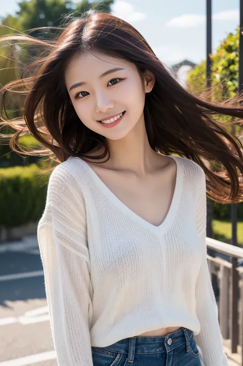 mirrorless camera,ultra-realistic,key lighting,A Japanese woman who's about 18 years old ,She is smiling beautifully but confuesd tilt the head.Her hair is blowing in the wind.She wears Chiffon knit