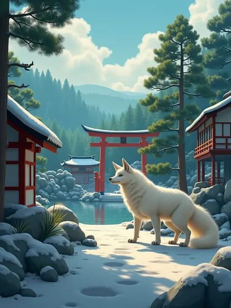 Do white foxes have white legs　The shrine can be seen in the distance