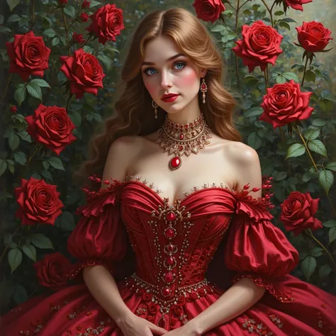 woman with long brown hair and blue eyes wearing a scarlet victorian dress decorated with red jewels, she is surrounded by red roses