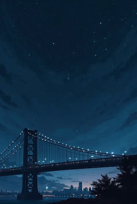 a bridge halfway in frame. the setting is a dark blue sky. maybe the faint lights of the city buildings, too.