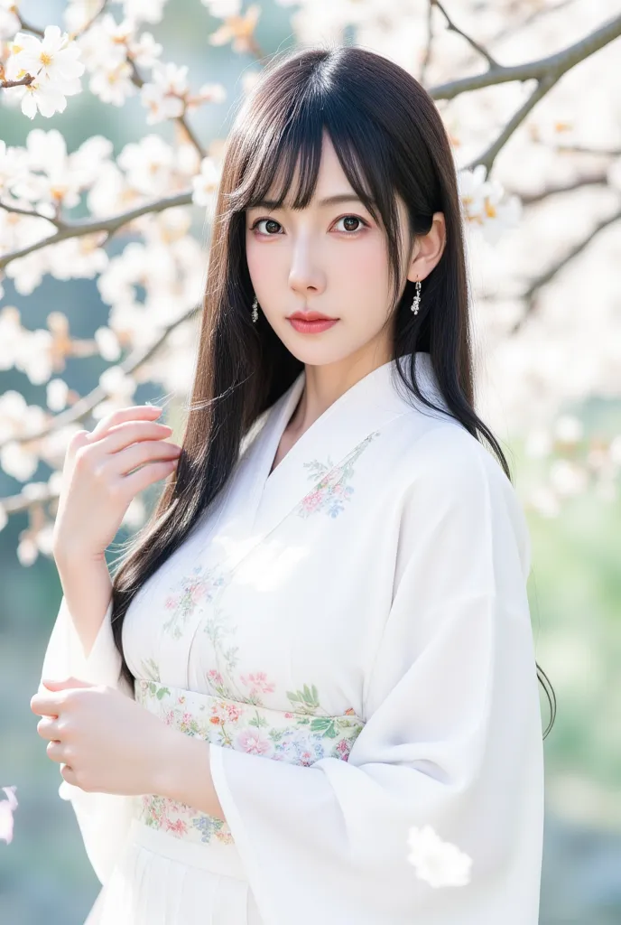  Anime-style photograph of a pale-skinned, slender Asian woman with long black hair and bangs, wearing a white floral kimono, delicate jewelry, and holding a dangle earring. Background features cherry blossom branches with white flowers, evoking an etherea...