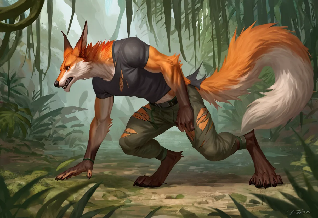 (Solo), man mid transforming into anthro male kitsune, detailed, painful, best art, masterpiece, quality, newest, jungle background, digitigrade, torn clothes, by laobai, by taran fiddler, partially human