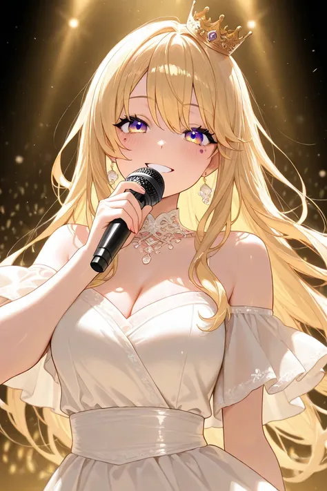 Yoshina is a beautiful girl with a charming smile and a single, very small black beauty mark under her eye. She has long, shiny, flowing hair in a very light golden color and violet eyes with long eyelashes. A crown rests on her head, and she wears very mo...