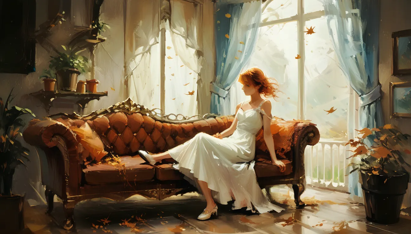 𝚈𝚞𝚖𝚒𝚗𝚐 𝙻𝚒 art, shoulder lose white dress,pastel painting, style oФ Pino Daeni, beautiful woman,sitting on black sofa,full body , nice shoes, windy day ,white curtains moving , autumn leafs flying, flower pots around