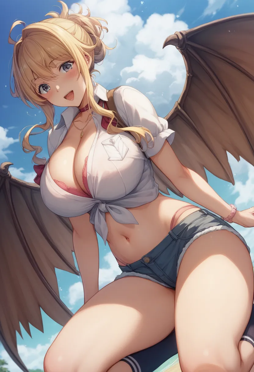 ((Super Detail、high quality、masterpiece))、Has a pair of big wings巨乳爆乳セクシー女戦士(Has a pair of big wings)、Too Short Miniskirt、 flipping up miniskirt 、 thighs、belly button sticking、knee socks、A mature woman's body、mature adult woman in the attic、huge breasts th...