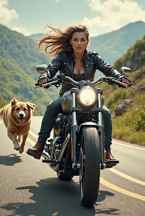 Woman riding a motorcycle and then having a dog running chase gives realistic images, women don't need to wear helmets