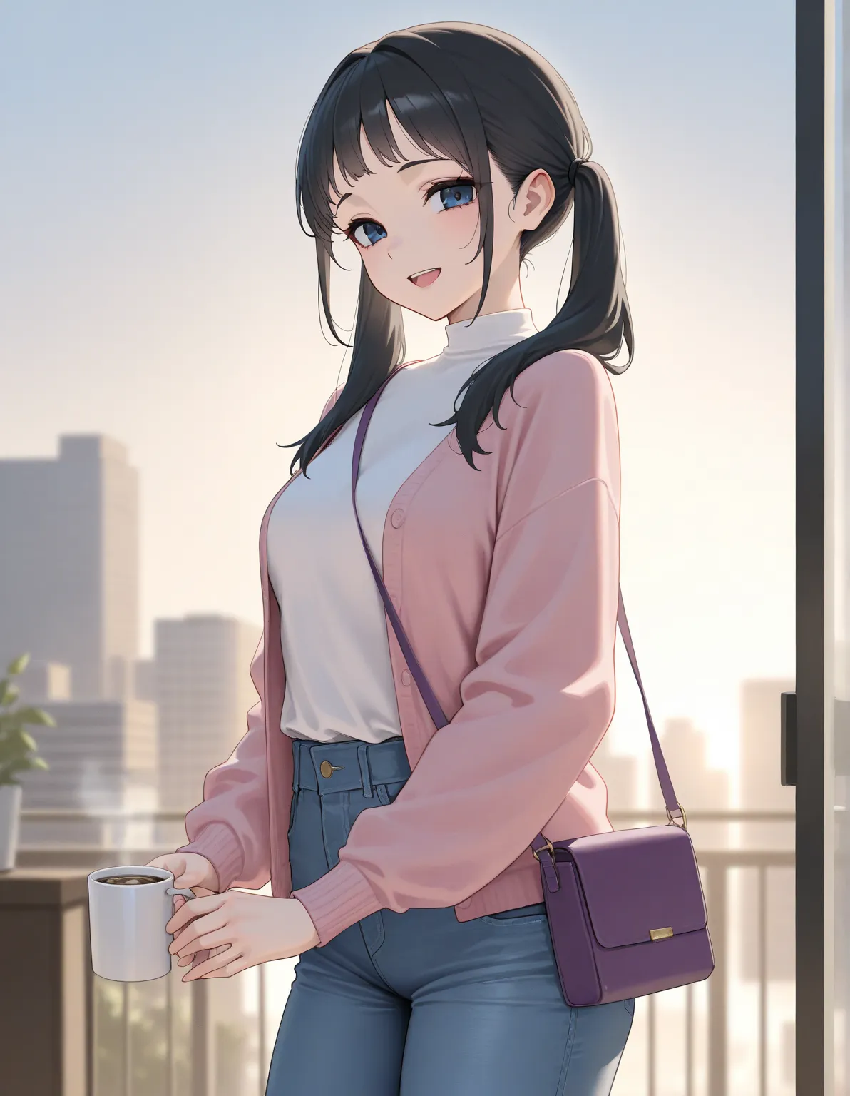 masterpiece, best quality, detailed face, 1 girl, solo, beautiful, modest chest, slender body, mature, light makeup, cute, adorable, bright smile, open mouth, long hair, black hair, twintail hair, tidy short bangs, dark blue eyes, pink cardigan, white slee...