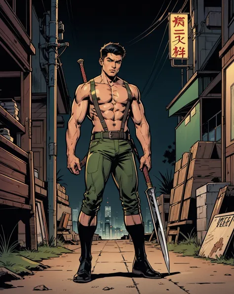 (masterpiece, 2D Comic art, 1man)Himbofication of Masculine Youth 20 years old Asian Men Rouge, Wearing Sexy Costume Green Color, wearing harness, wearing very short pants just like hotpants, showing his body, showing his men clevage, holding weapon staff,...