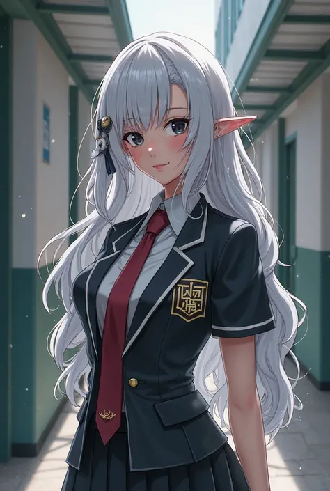 My Hero Academia style girl with white hair and black locks black eyes with small dark circles and pale skin small smile in the UA school uniform standing in a corridor 