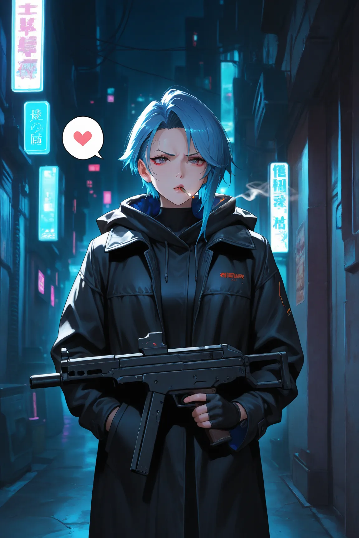  manga ,blue hair long,cool tsundere beauty,Night Alley,black coat,spoken heart ,sound effect,is tall,cigarette, and is wearing a hood,cyberpunk, has a submachine gun