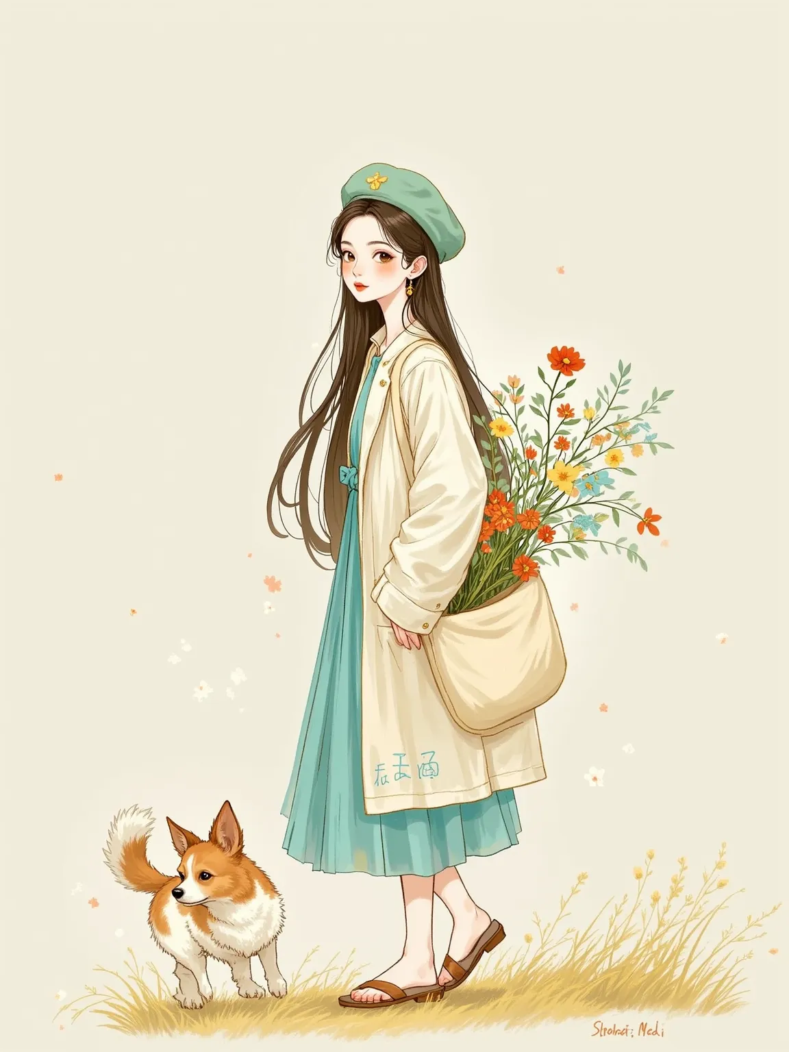  Yeoniu Choi's healing stick figure style，Cartoon illustration, solid background , a beautiful and stylish long-haired girl ,Wearing a beret ,Carrying a canvas bag,Holding a bouquet of flowers in his hand, with a dog ,Minimalism,healing illustration