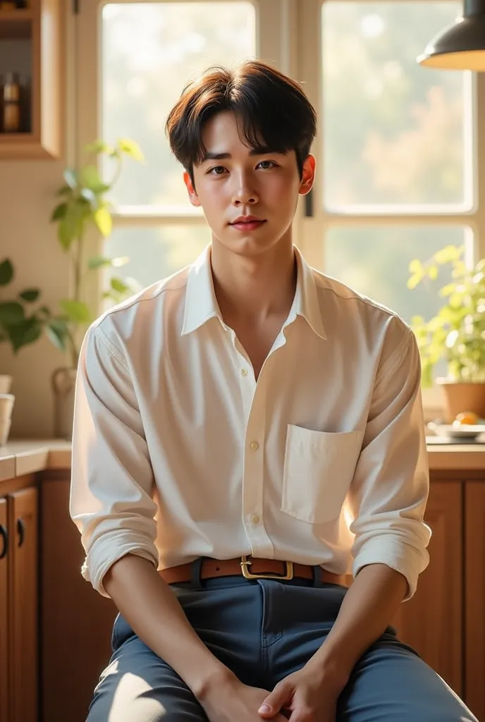 (photorealism:1.2), Full body a korean man that looks like BTS jungkook, sitting on room, white shirt, blue pants, belt brown , short dark hair, indoors, soft lighting, plants in background, window with sunlight, kitchen room, relaxed pose, realistic, intr...